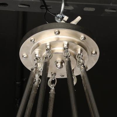  Degu Art Deco Geometric Frosted Glass Nickeled Starburst Chandelier signed Degu 