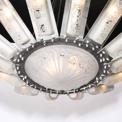  Degu Art Deco Geometric Frosted Glass Nickeled Starburst Chandelier signed Degu 