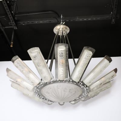  Degu Art Deco Geometric Frosted Glass Nickeled Starburst Chandelier signed Degu 