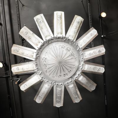  Degu Art Deco Geometric Frosted Glass Nickeled Starburst Chandelier signed Degu 