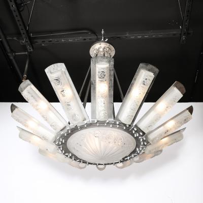  Degu Art Deco Geometric Frosted Glass Nickeled Starburst Chandelier signed Degu 