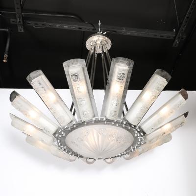  Degu Art Deco Geometric Frosted Glass Nickeled Starburst Chandelier signed Degu 