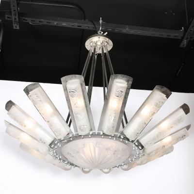  Degu Art Deco Geometric Frosted Glass Nickeled Starburst Chandelier signed Degu 
