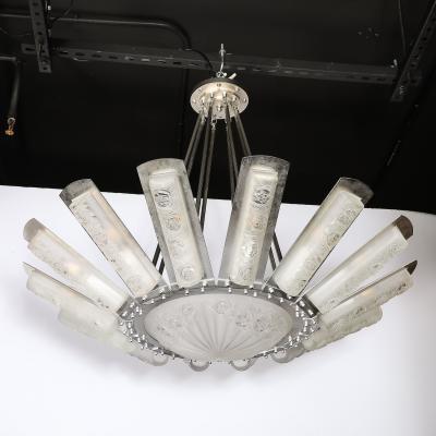  Degu Art Deco Geometric Frosted Glass Nickeled Starburst Chandelier signed Degu 