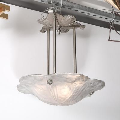  Degu Art Deco Molded Frosted Floral Abstract Cubist Nickel Chandelier Signed Degu 