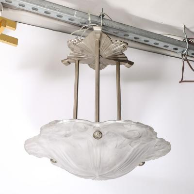  Degu Art Deco Molded Frosted Floral Abstract Cubist Nickel Chandelier Signed Degu 