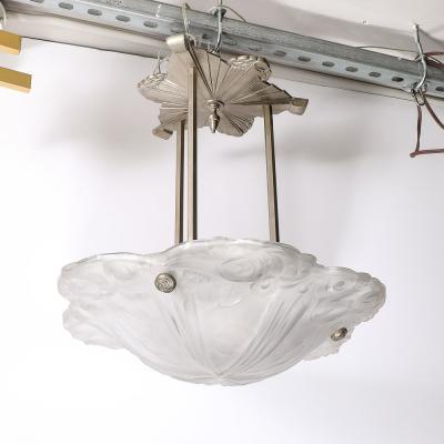 Degu Art Deco Molded Frosted Floral Abstract Cubist Nickel Chandelier Signed Degu 