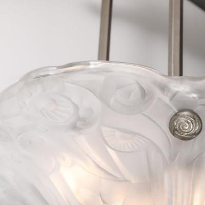  Degu Art Deco Molded Frosted Floral Abstract Cubist Nickel Chandelier Signed Degu 