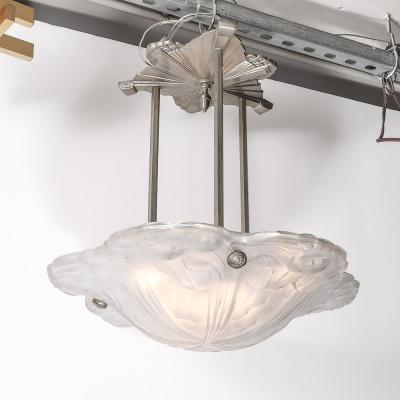  Degu Art Deco Molded Frosted Floral Abstract Cubist Nickel Chandelier Signed Degu 