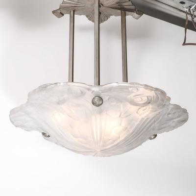  Degu Art Deco Molded Frosted Floral Abstract Cubist Nickel Chandelier Signed Degu 