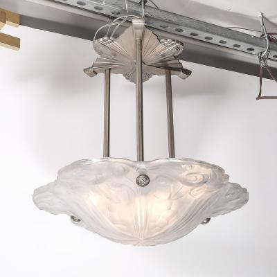  Degu Art Deco Molded Frosted Floral Abstract Cubist Nickel Chandelier Signed Degu 