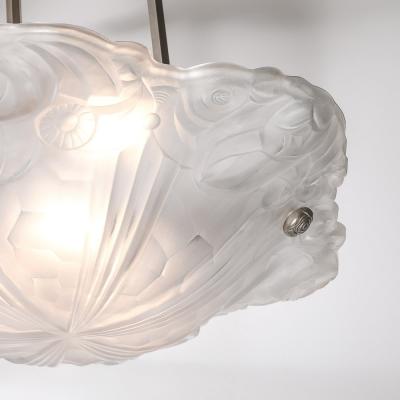  Degu Art Deco Molded Frosted Floral Abstract Cubist Nickel Chandelier Signed Degu 