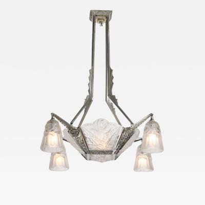  Degu Art Deco Stylized Cubist Molded Frosted Glass Chandelier by Degu 