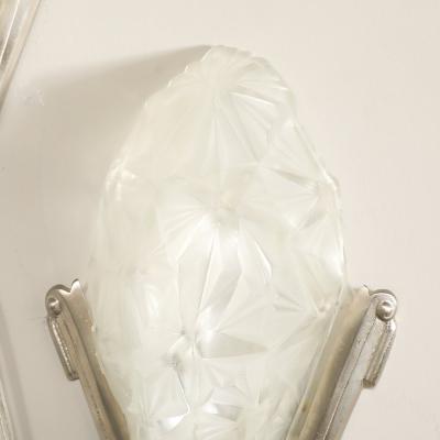  Degu Pair of Art Deco Frosted Glass Silvered Bronze Slip Shade Sconces signed Degu 