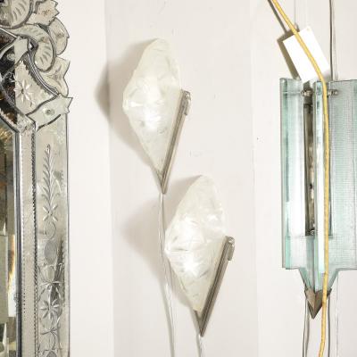  Degu Pair of Art Deco Frosted Glass Silvered Bronze Slip Shade Sconces signed Degu 