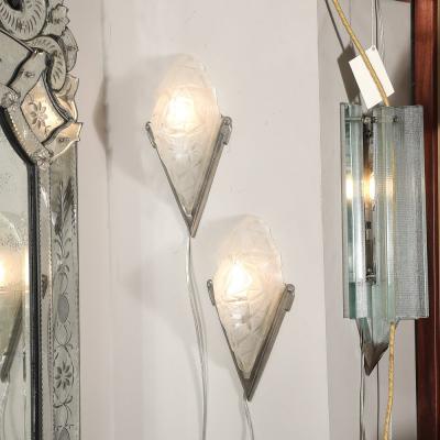  Degu Pair of Art Deco Frosted Glass Silvered Bronze Slip Shade Sconces signed Degu 