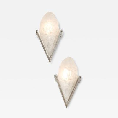  Degu Pair of Art Deco Frosted Glass Silvered Bronze Slip Shade Sconces signed Degu 