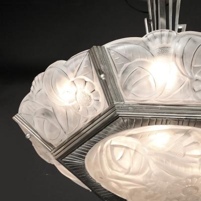  Degu Pair of Art Deco Hexagonal Frosted Glass Nickeled Bronze Chandeliers by Degue