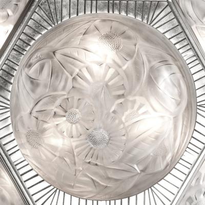  Degu Pair of Art Deco Hexagonal Frosted Glass Nickeled Bronze Chandeliers by Degue