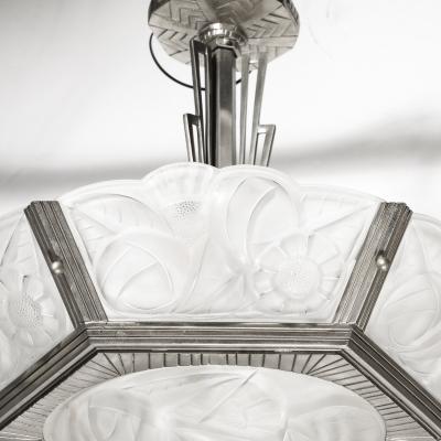  Degu Pair of Art Deco Hexagonal Frosted Glass Nickeled Bronze Chandeliers by Degue