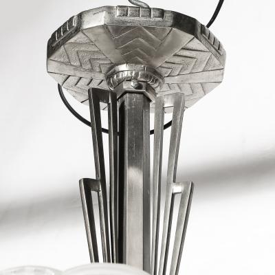  Degu Pair of Art Deco Hexagonal Frosted Glass Nickeled Bronze Chandeliers by Degue