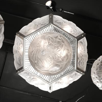  Degu Pair of Art Deco Hexagonal Frosted Glass Nickeled Bronze Chandeliers by Degue
