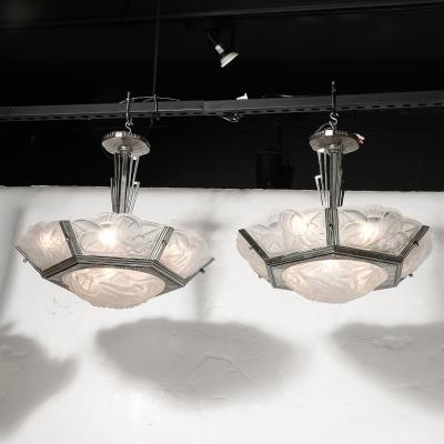  Degu Pair of Art Deco Hexagonal Frosted Glass Nickeled Bronze Chandeliers by Degue