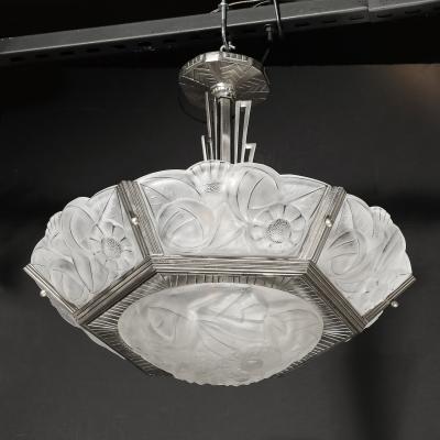  Degu Pair of Art Deco Hexagonal Frosted Glass Nickeled Bronze Chandeliers by Degue