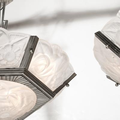  Degu Pair of Art Deco Hexagonal Frosted Glass Nickeled Bronze Chandeliers by Degue