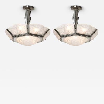  Degu Pair of Art Deco Hexagonal Frosted Glass Nickeled Bronze Chandeliers by Degue
