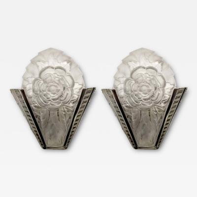  Degu Pair of French Art Deco Wall Sconces Signed by Degue Roses