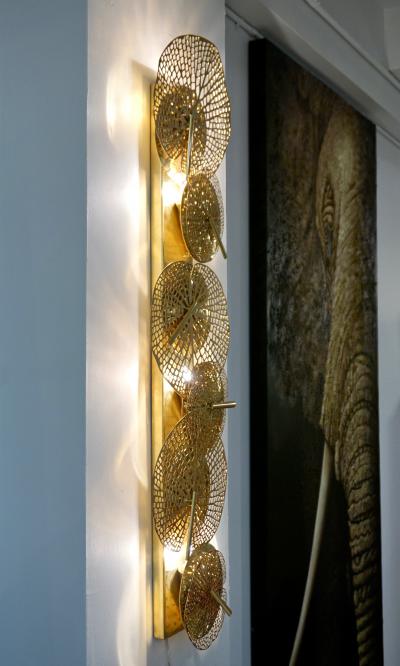  Delta Contemporary Organic Italian Art Design Pair of Perforated Brass Leaf Sconces