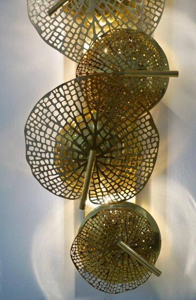  Delta Contemporary Organic Italian Art Design Pair of Perforated Brass Leaf Sconces