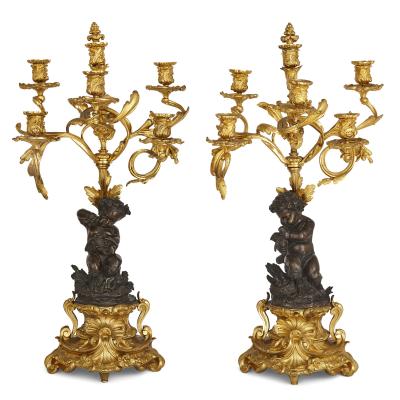  Deni re et Fils Antique Rococo Louis XV style ormolu and patinated bronze clock set by Deni re