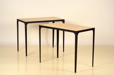  Design Fr res Pair of Chic Esquisse Grooved Ivory Travertine Side Tables by Design Fr res