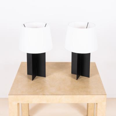  Design Fr res Pair of Croisillon Blackened Steel Lamps and Parchment Shades by Design Fr res