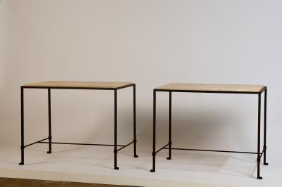  Design Fr res Pair of Diagramme Wrought Iron and Travertine Side Tables by Design Fr res