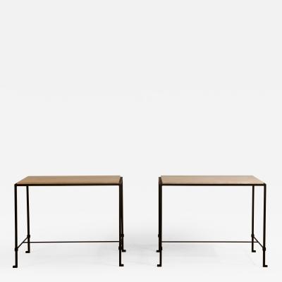  Design Fr res Pair of Diagramme Wrought Iron and Travertine Side Tables by Design Fr res