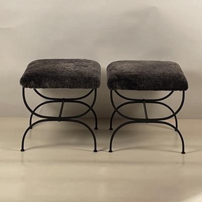  Design Fr res Pair of Grey Fur Strapontin Stools by Design Fr res