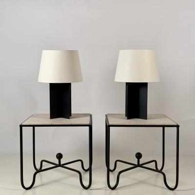  Design Fr res Pair of Large Cuatrolados Blackened Steel Lamps with Custom Parchment Shades