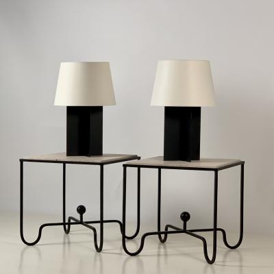  Design Fr res Pair of Large Cuatrolados Blackened Steel Lamps with Custom Parchment Shades