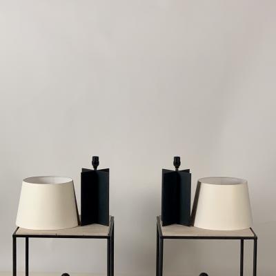  Design Fr res Pair of Large Cuatrolados Blackened Steel Lamps with Custom Parchment Shades