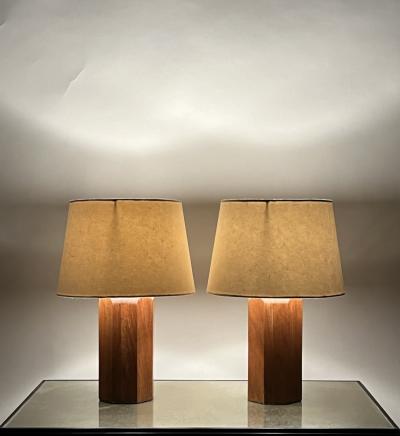  Design Fr res Pair of Octogone Walnut Table Lamps with Parchment Shades by Design Fr res