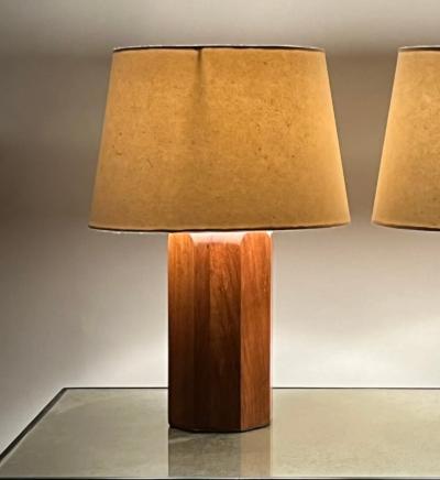  Design Fr res Pair of Octogone Walnut Table Lamps with Parchment Shades by Design Fr res