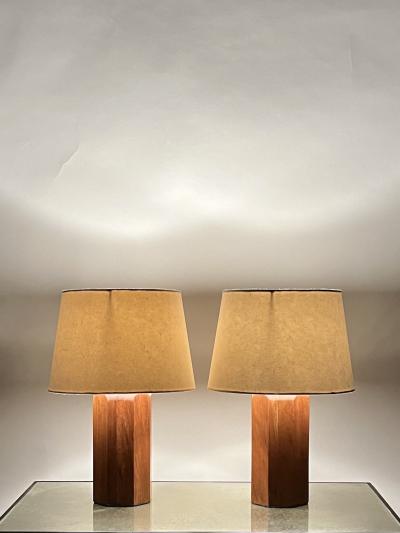  Design Fr res Pair of Octogone Walnut Table Lamps with Parchment Shades by Design Fr res