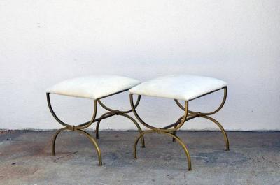  Design Fr res Pair of Strapontin Gilt Iron and Hide Stools