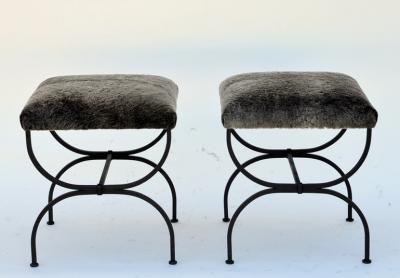  Design Fr res Pair of Strapontin Wrought Iron and Fur Stools