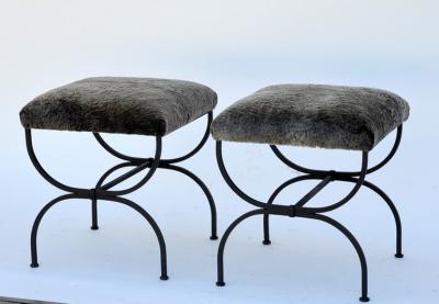  Design Fr res Pair of Strapontin Wrought Iron and Fur Stools