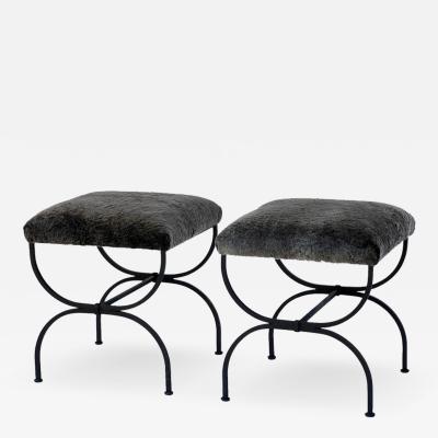  Design Fr res Pair of Strapontin Wrought Iron and Fur Stools
