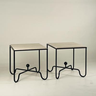  Design Fr res Pair of Tall Iron and Travertine Entretoise Side Tables by Design Fr res